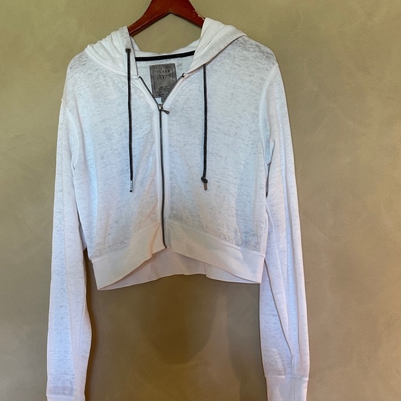 Guess White Cropped Zip-Up Hoodie - Picture 1 of 4
